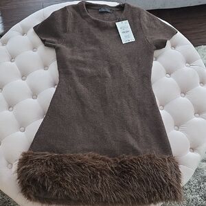 Zara Brown Stretch Dress with Faux Fur Hem Sz M